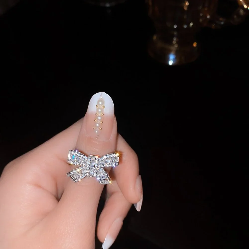 Rhinestone Bow Ring Adjustable Open Ring Coquette Y2K Aesthetic